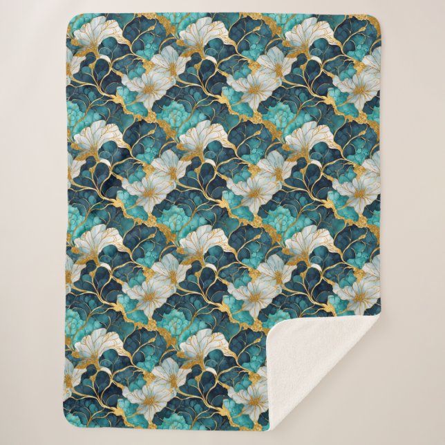 Cobertor Sherpa Teal Floral Japonês Dourado (Frente)