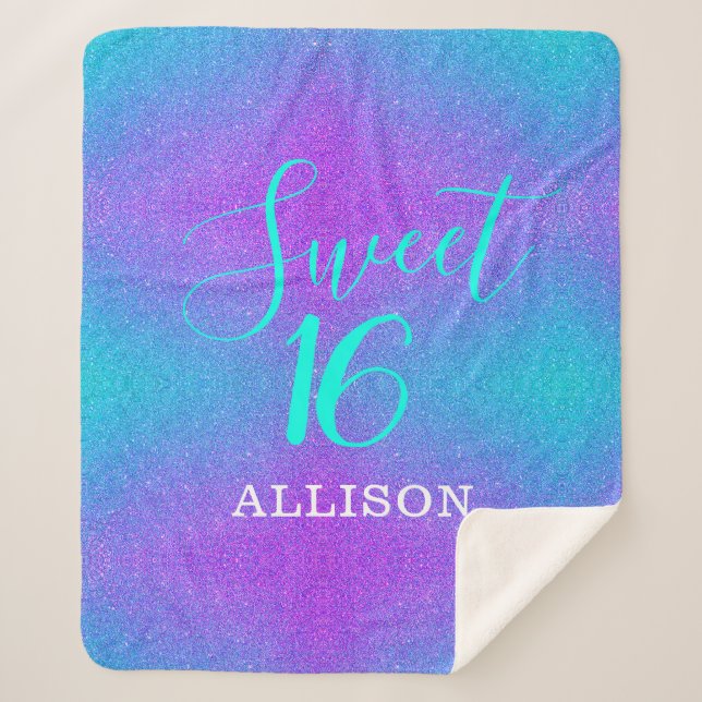 Cobertor Sherpa Teal Purple Glitter Doce 16 Meninas Personalizadas (Frente)