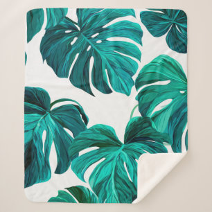 Cobertor Sherpa Teal Tropical Monstera Leaf Seamless Pattern Art