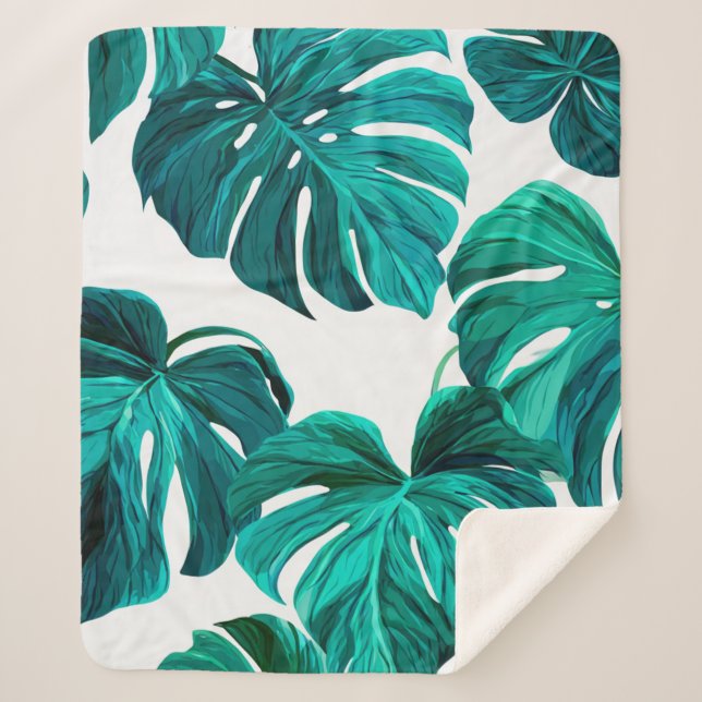 Cobertor Sherpa Teal Tropical Monstera Leaf Seamless Pattern Art (Frente)