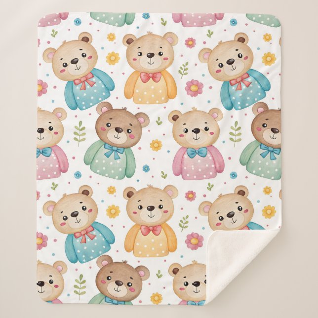 Cobertor Sherpa Teddy bear and flowers (Frente)