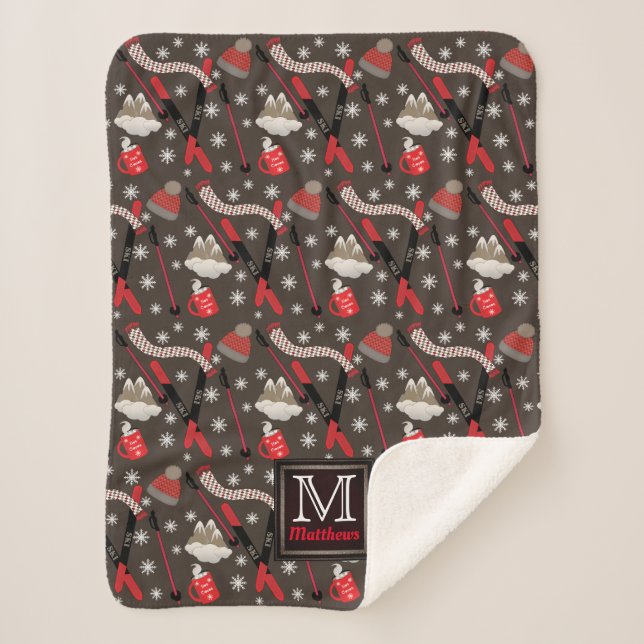 Cobertor Sherpa Tema de Esqui Montanha do WInter Monograma Padrão  (Frente)
