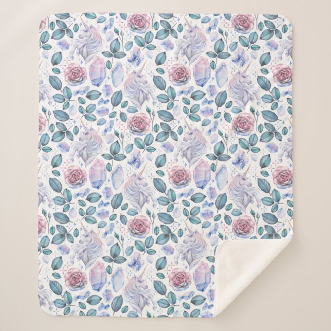 Cobertor Sherpa Teste padrão dos cristais & dos rosas do unicórnio (Frente)