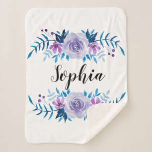 Cobertor Sherpa Texto Personalizado de Texto Floral Púrpura Azul-C