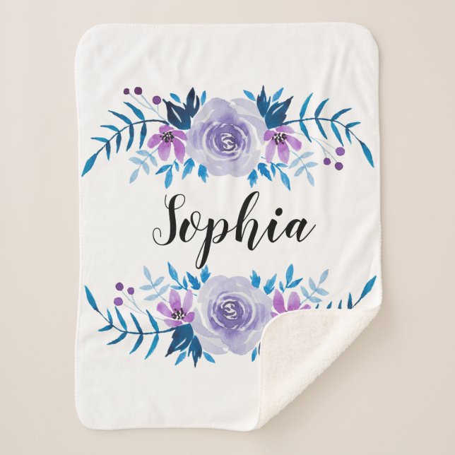 Cobertor Sherpa Texto Personalizado de Texto Floral Púrpura Azul-C (Frente)