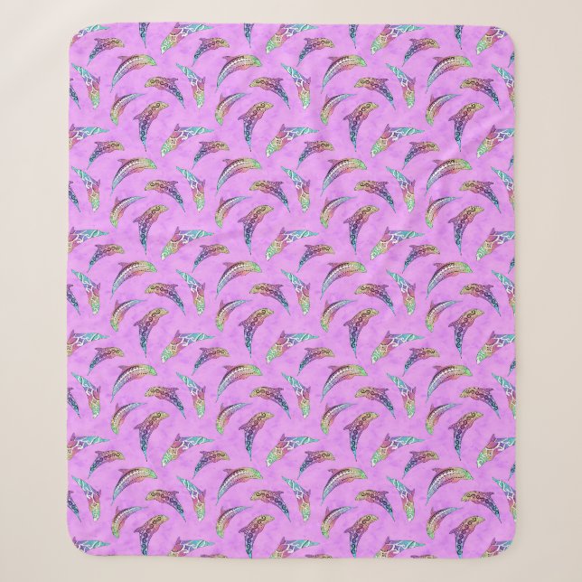 Cobertor Sherpa Tie Dye Pink Marine Animal Dolphins Marlins (Frente)