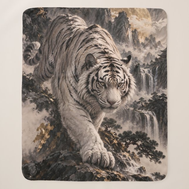 Cobertor Sherpa Tigre Branco com Lua Cheia e Montanhas Nevadas (Frente)
