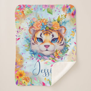 Cobertor Sherpa Tigre de Aquarela Cuta com flores