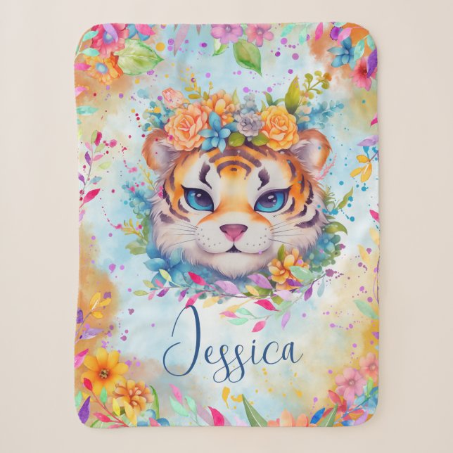 Cobertor Sherpa Tigre de Aquarela Cuta com flores (Frente)