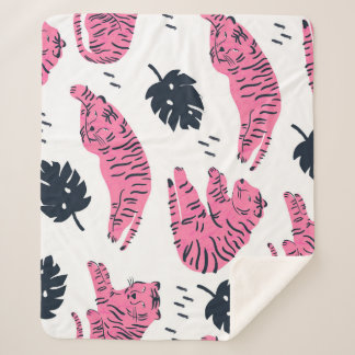 Cobertor Sherpa Tigre Rosa Tropical: Desenho De Mão Vintage.