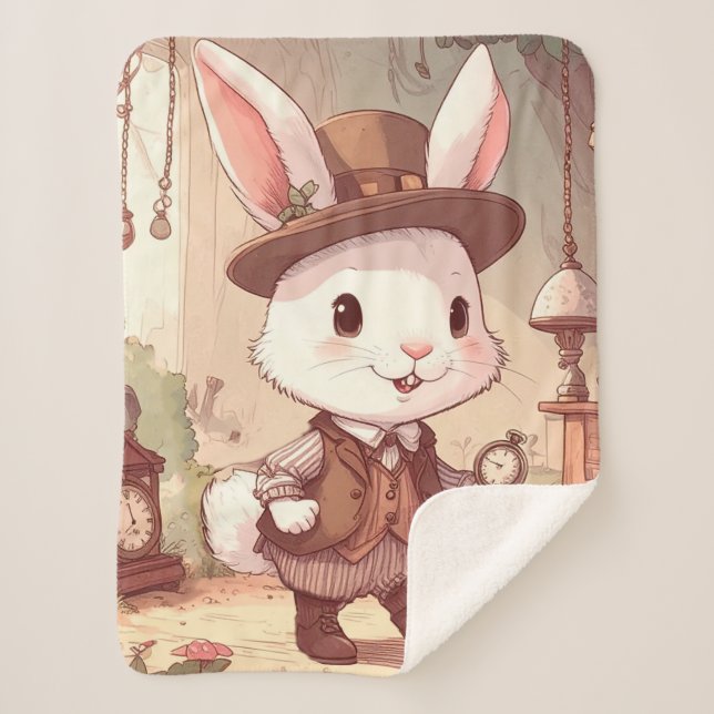 Cobertor Sherpa Timekeeper Whimsical Cute White Rabbit Wonderland (Frente)