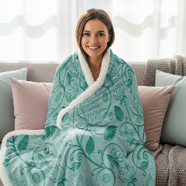 Cobertor Sherpa Tons Verde Pastel Flor de Lótus com Efeito Repuxad