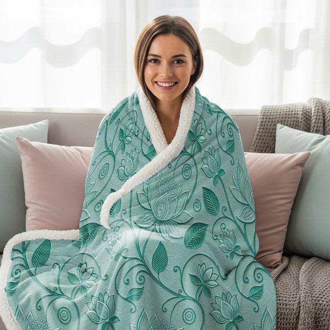 Cobertor Sherpa Tons Verde Pastel Flor de Lótus com Efeito Repuxad (Criador carregado)