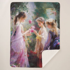 Cobertor Sherpa Três garotas brincando num jardim