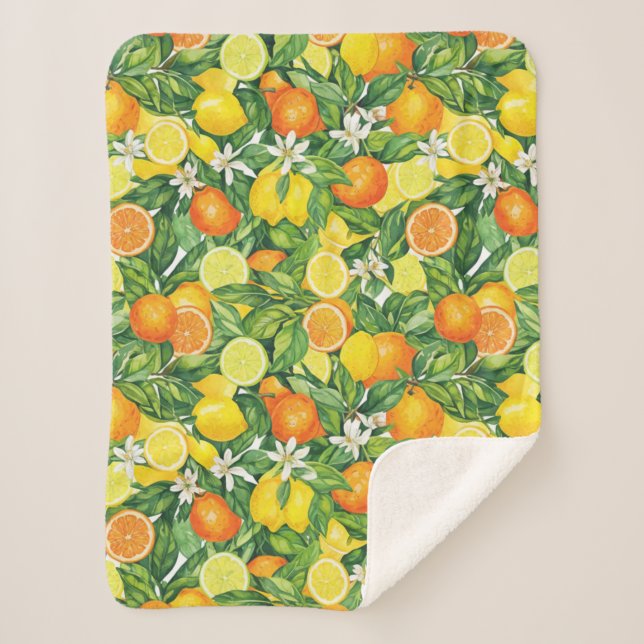 Cobertor Sherpa Tropical Citrus Medley Watercolor Pattern (Frente)