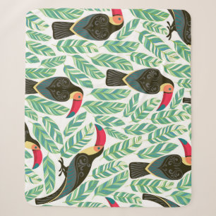 Cobertor Sherpa Tucanos, folhas tropicais, padrão decorativo.
