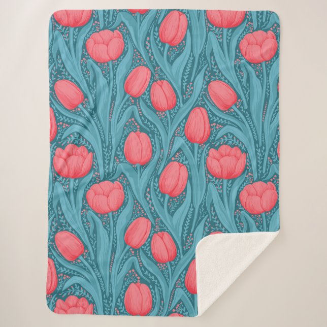 Cobertor Sherpa Tulipas em azul e vermelho (Frente)