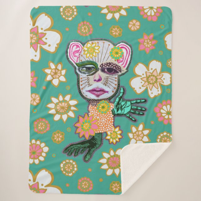 Cobertor Sherpa Turquoise Drollery Floral por Natalie Schorr (Frente)