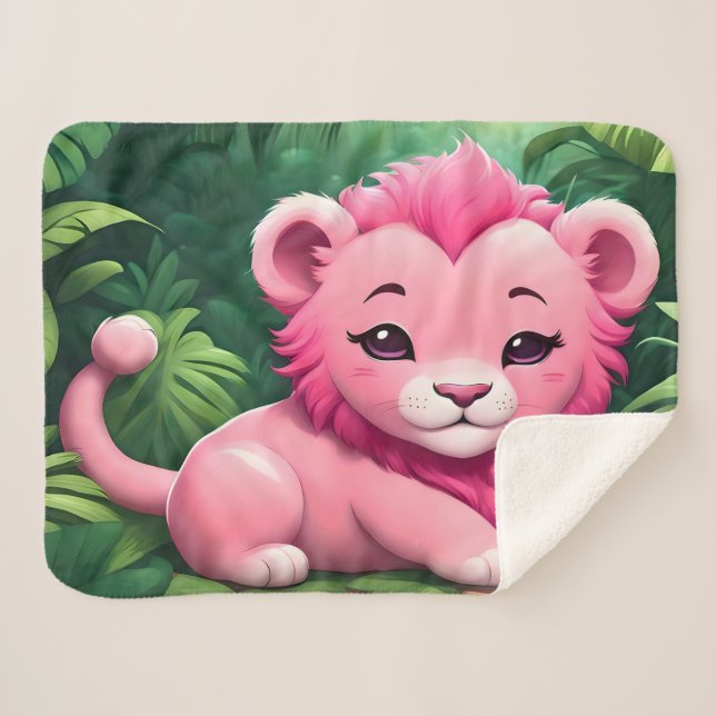 Cobertor Sherpa Um Cubo Leão Rosa na Selva (Frente (Horizontal))