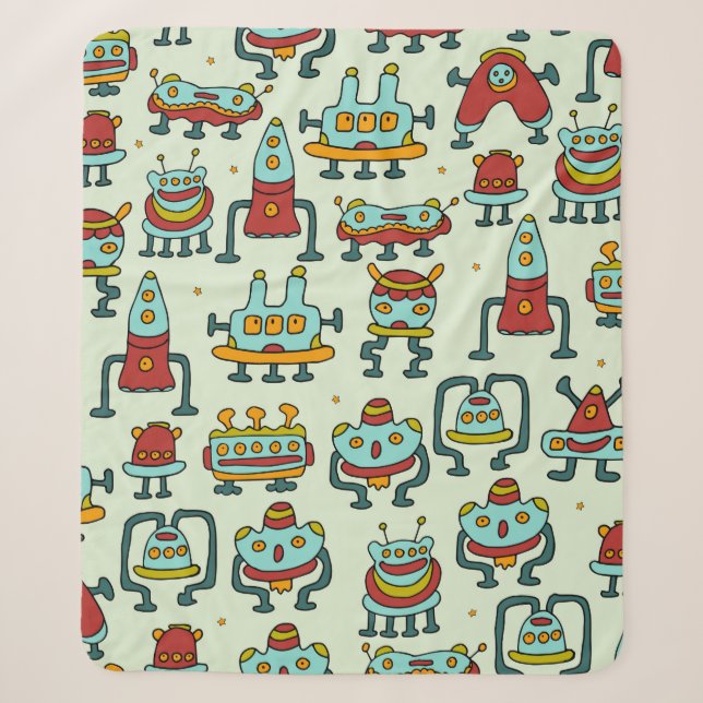 Cobertor Sherpa Um padrão de robôs - aliens. ilustração.  (Frente)