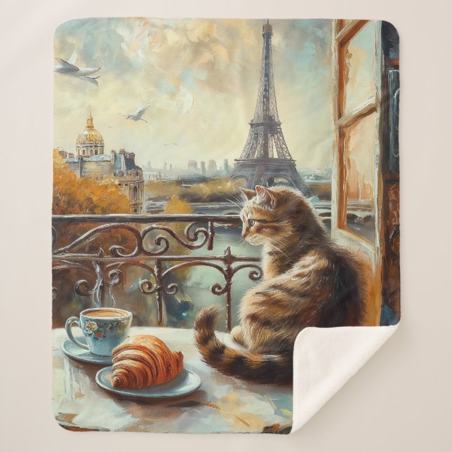 Cobertor Sherpa Uma manhã em Paris | Ginger Cat em um café (Frente)