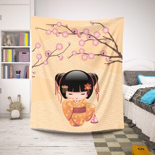 Cobertor Sherpa Ume Kokeshi Doll - Rapariga Peach Geisha Japonesa