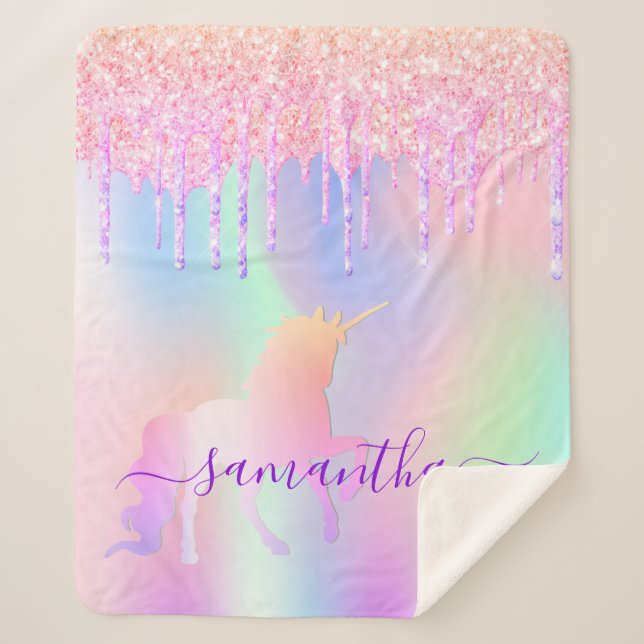Cobertor Sherpa Unicorn cor-de-rosa pinga script de nome holográfi (Frente)
