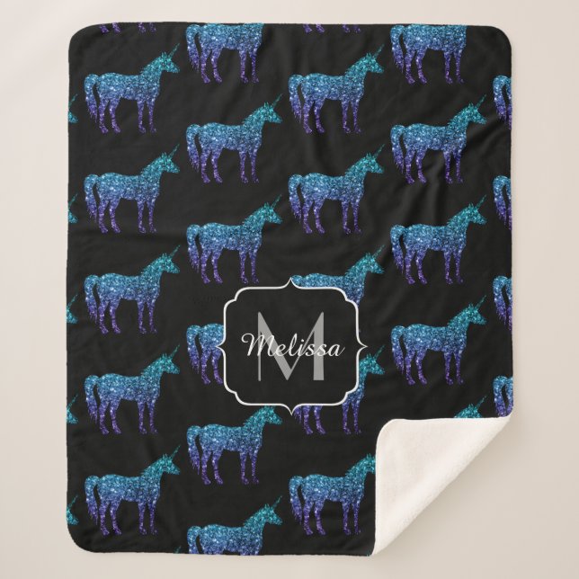 Cobertor Sherpa Unicorn Sparkles aqua Blue ombre Standard Monogram (Frente)