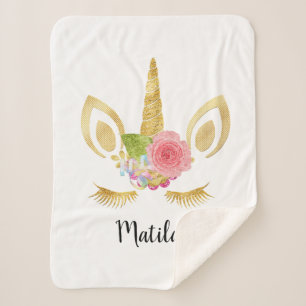 Cobertor Sherpa unicórnio brilhante bonito de ouro floral elegant