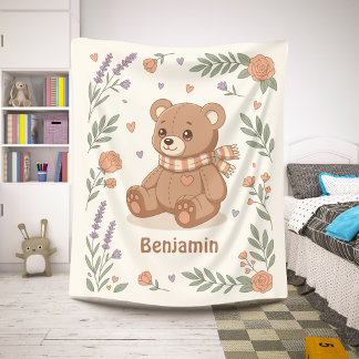 Cobertor Sherpa Urso de Pelúcia Fofo com Nome Personalizado Floral
