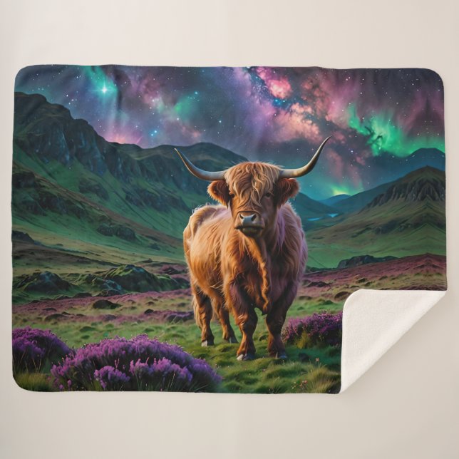 Cobertor Sherpa Vaca Highland Sob As Estrelas (Frente (Horizontal))