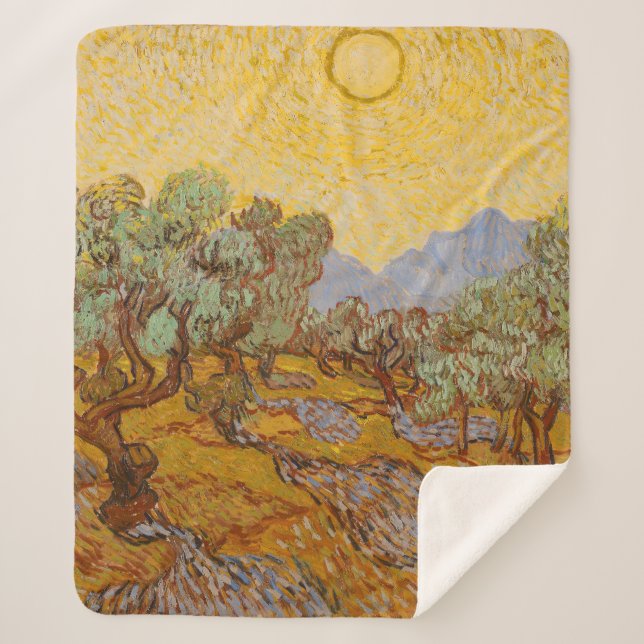 Cobertor Sherpa Van Gogh Olive Trees Yellow Sun Sky (Frente)