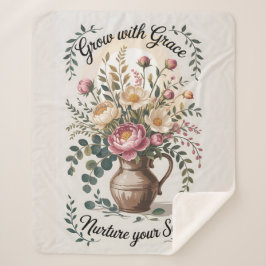 Cobertor Sherpa Vase com Florais cresce com citação de Graça