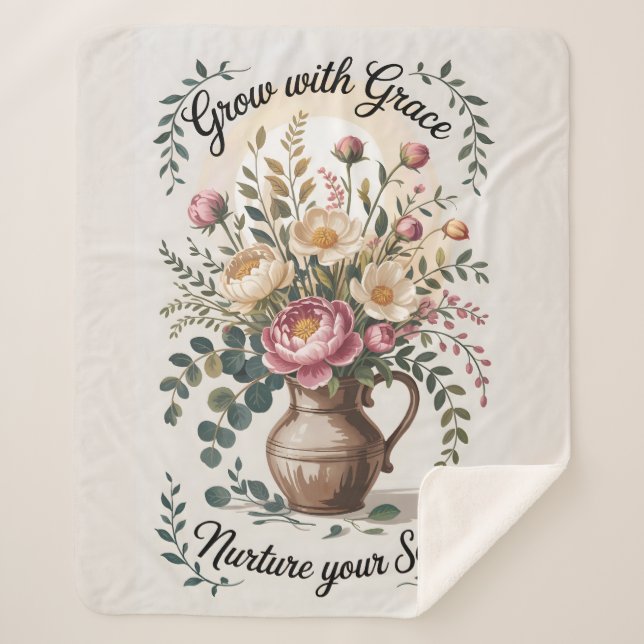 Cobertor Sherpa Vase com Florais cresce com citação de Graça (Frente)
