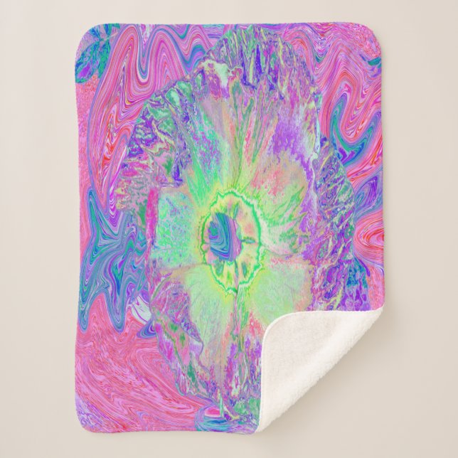 Cobertor Sherpa Verde limão Psychedelic Trippy e Hibiscus roxo (Frente)