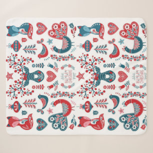 Cobertor Sherpa Vermelho Festivo Azul Marinho Natal Arte Folclóric