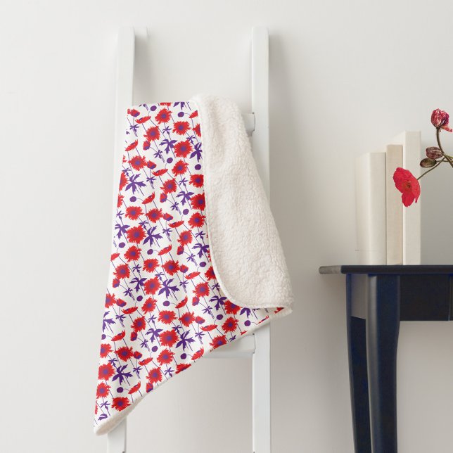 Cobertor Sherpa Vermelho, púrpura e branco, floral (Criador carregado)