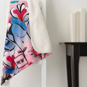 Cobertor Sherpa Vibrante, corações florais e monograma de flores