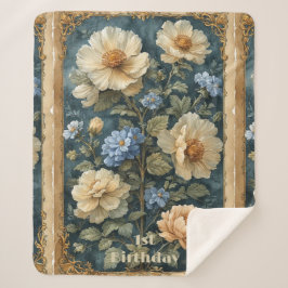 Cobertor Sherpa Victorian Vintage Soft Ivory Peony English Garden