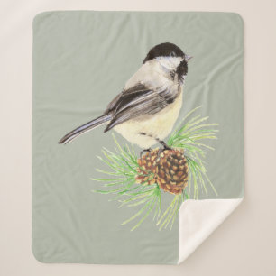 Cobertor Sherpa Vida Selvagem de Aves Chickadeadas com Casca Preta