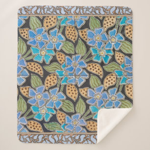Cobertor Sherpa Vincapervinca Azul Ornamentada Floral Clássico Art