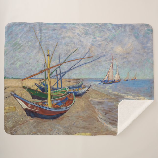 Cobertor Sherpa Vincent van Gogh - Barcos de Pesca na Praia (Frente (Horizontal))