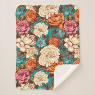 Cobertor Sherpa Vintage Boho Florals, Turquoise Cream Botânica