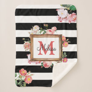 Cobertor Sherpa Vintage Floral e Stripes Monograma Antiquado