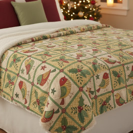 Cobertor Sherpa Vintage Folk Art Christmas Birds & Holly Berry
