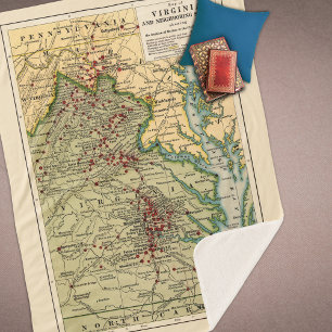 Cobertor Sherpa Vintage Map of Virginia Battles During Civil War