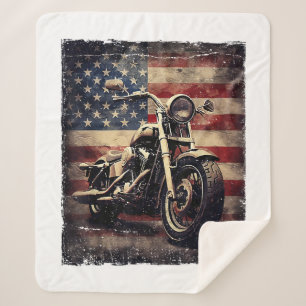 Cobertor Sherpa Vintage Motorcycle USA Flag Retro Biker American