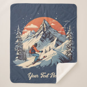 Cobertor Sherpa Vintage Mountain Pine Skiing Laranja Sunset