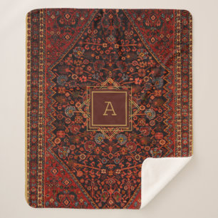 Cobertor Sherpa Vintage Oriental Rug Monograma Red Burgundy Dourad