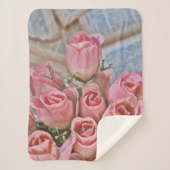 Cobertor Sherpa Vintage Rosas Rosa-Chique (Frente)